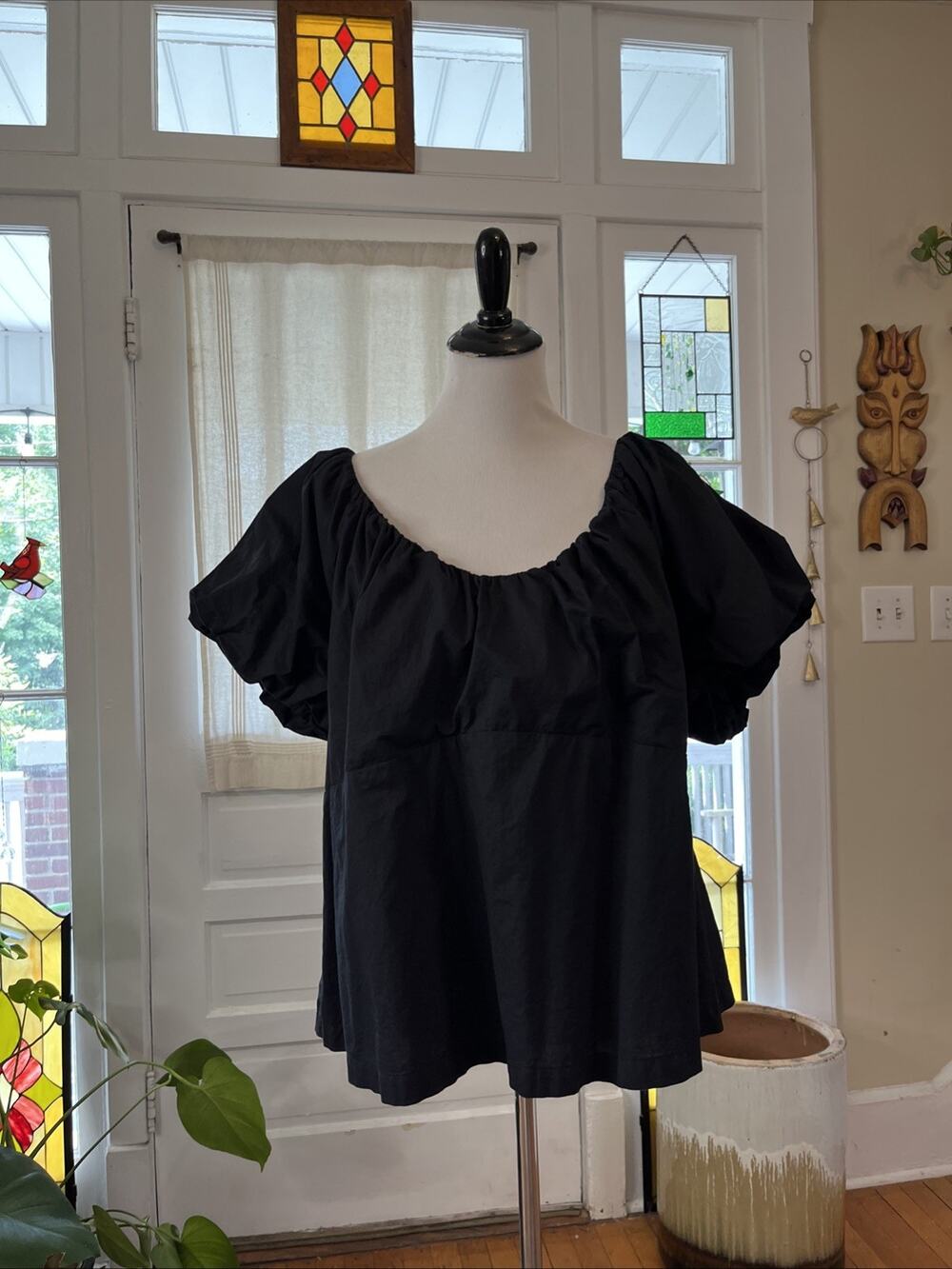 Old Navy Smocked Plus 3X Black Round Neck Short Puff Sleeve Ruffle Top Shirt